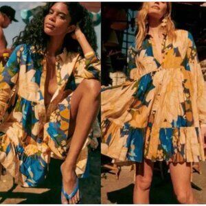 Sezane Floral Mini Dress in Blue and Yellow